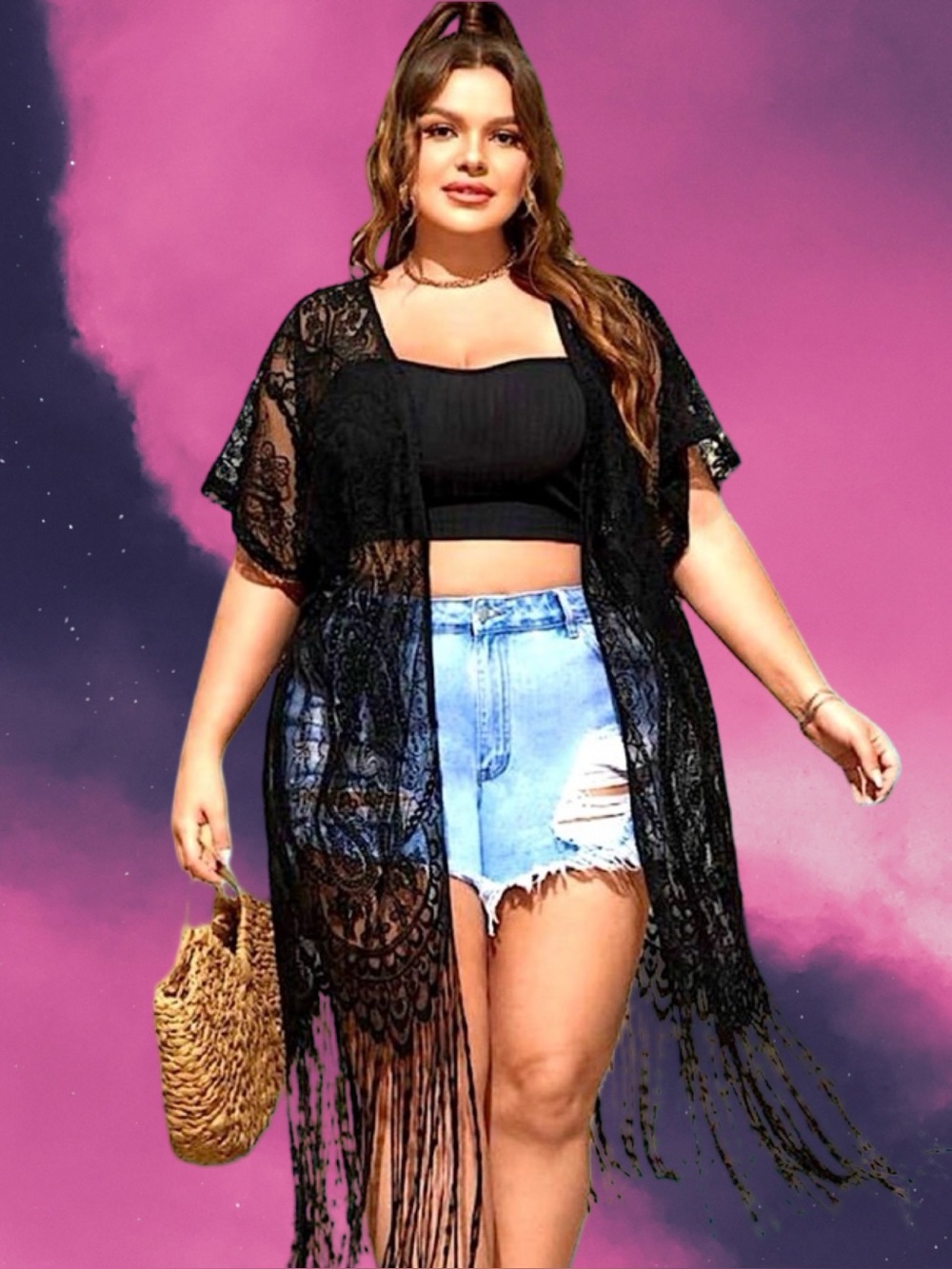 🆕Boutique Women’s plus-size Black Lace Fringe Swim Coverup Kimono❤️❤️3X